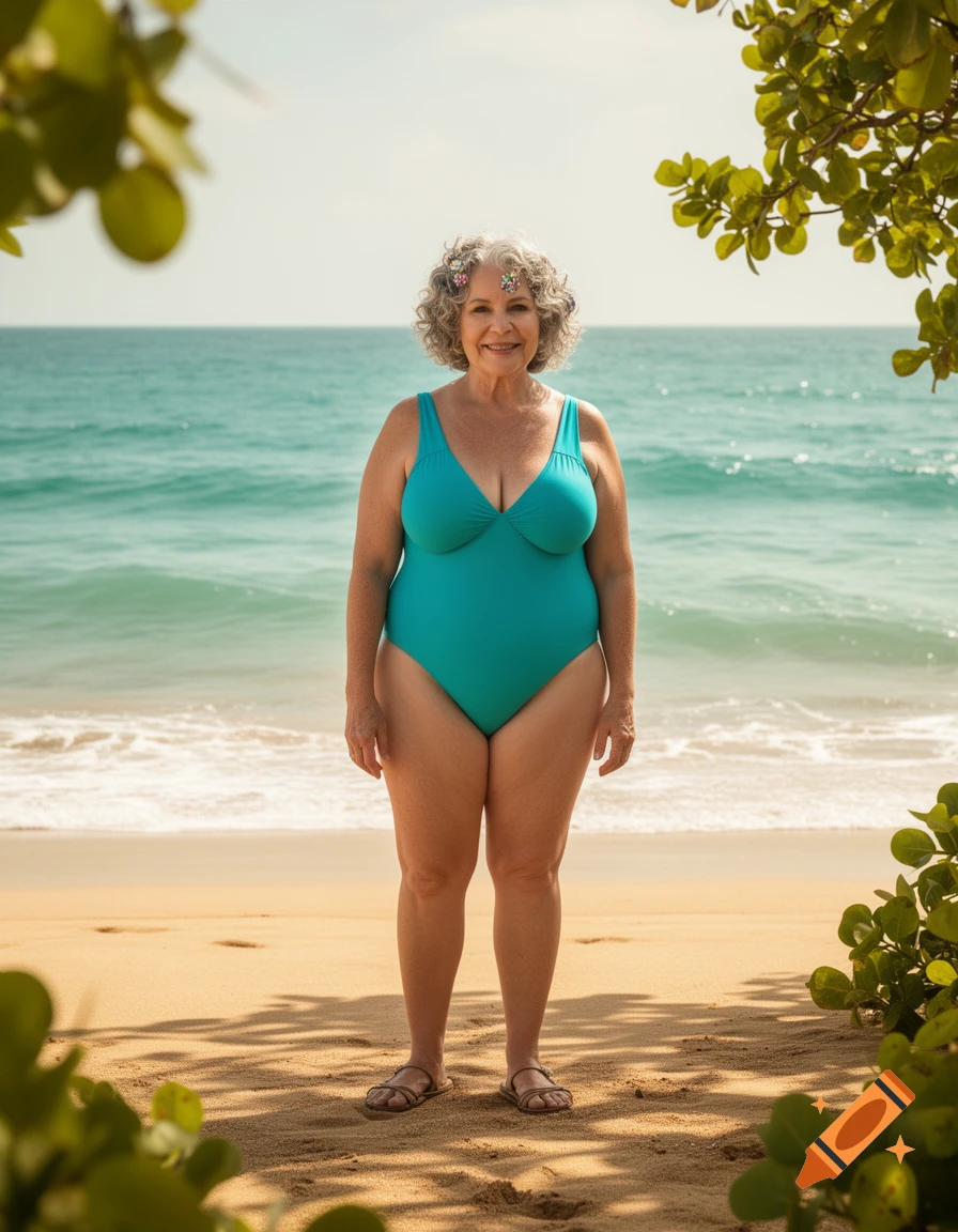 A smiling older woman in a teal one-piece swimsuit stands on a sandy beach with the ocean behind her, framed by green leaves.