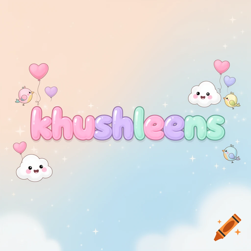 Kawaii illustration of 'khushleens' in pastel bubble letters with birds, clouds, and heart balloons on a gradient sky.