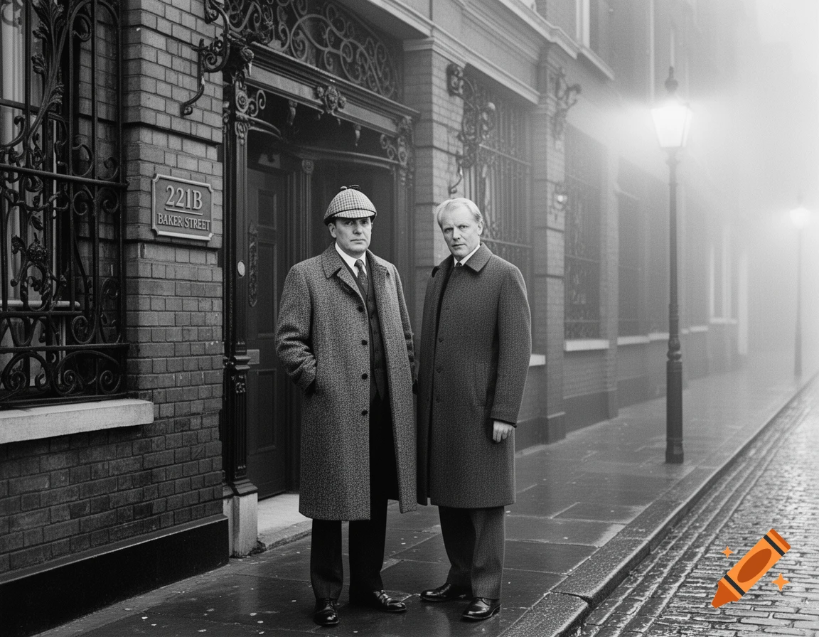 Two men in trench coats stand on a wet street in front of a brick building with a sign for 221B Baker Street, in a black and white photorealistic style.