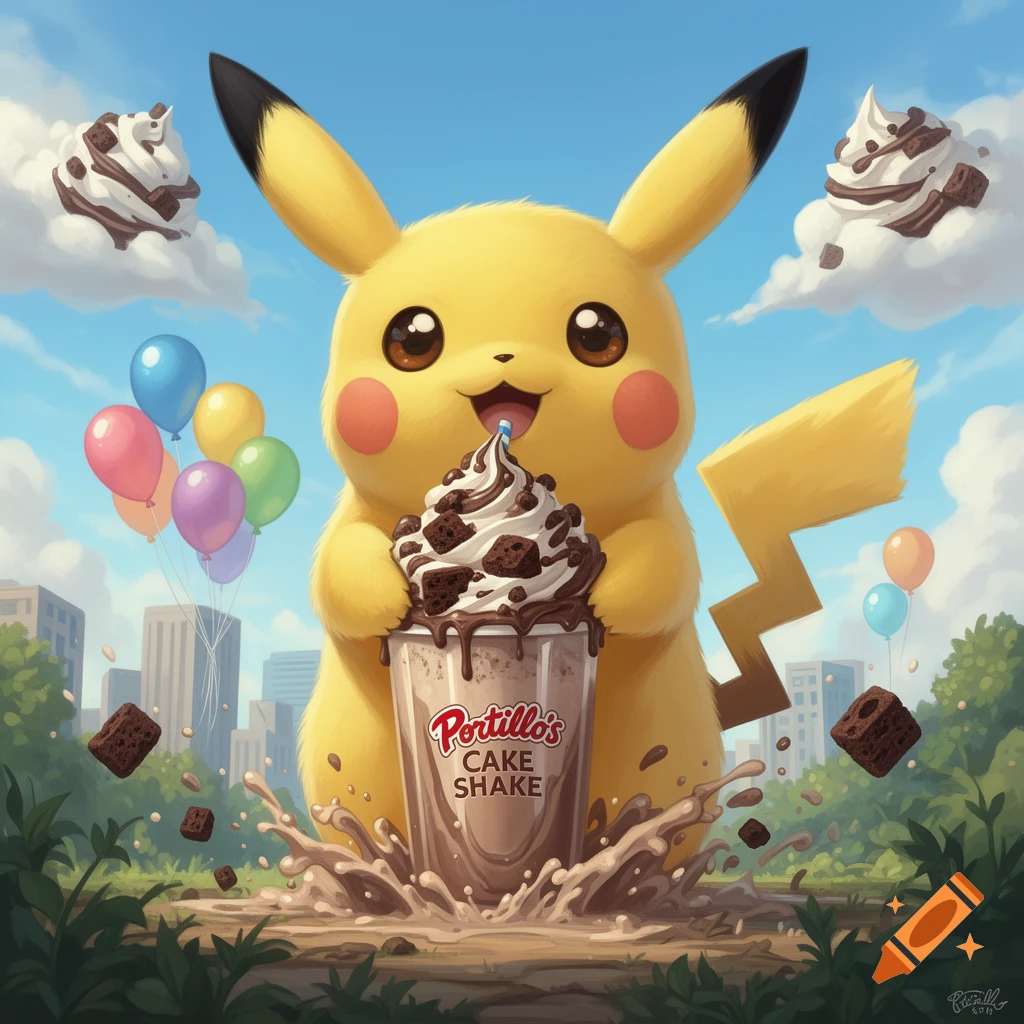 A giant, happy Pikachu holding a Portillo's Cake Shake, surrounded by flying brownies and balloons, with a city skyline in the background.
