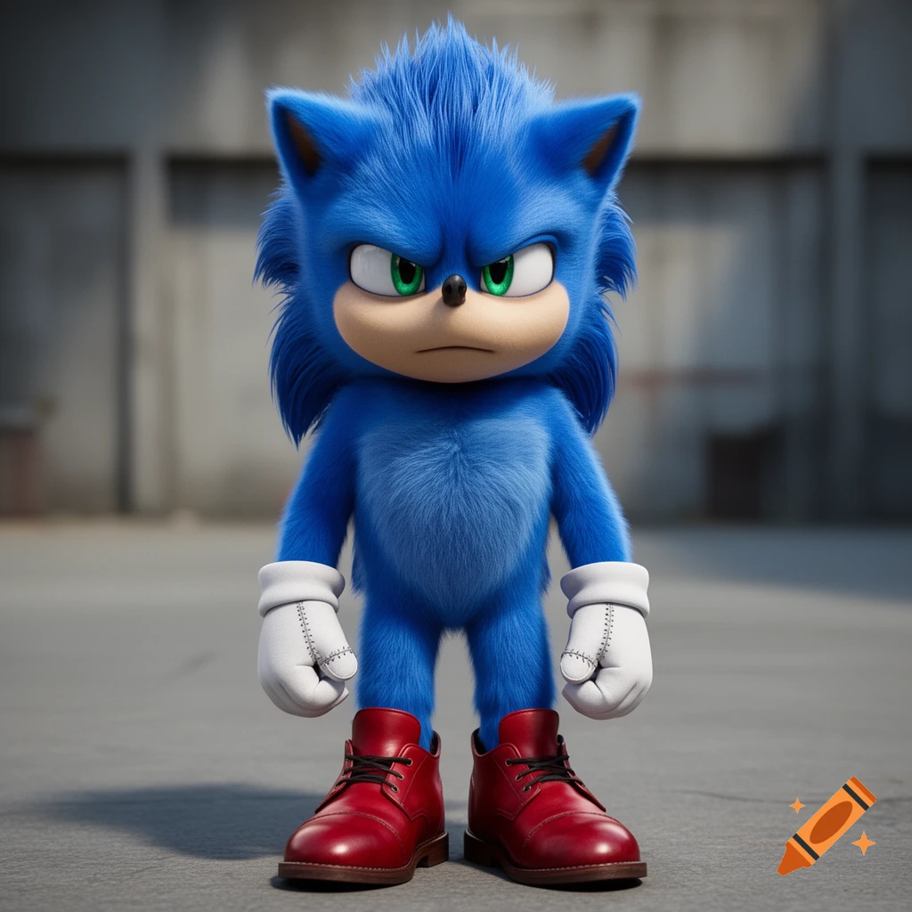 A detailed, furry Sonic the Hedgehog with a serious expression, white gloves, and red boots, standing on concrete.