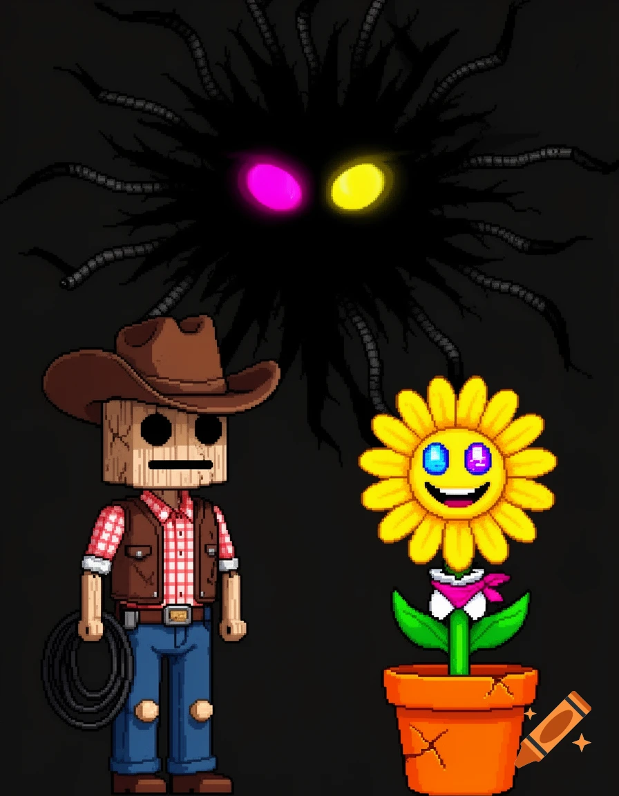 A pixel art scene with a wooden cowboy puppet, a smiling sunflower in a pot, and a shadowy monster with glowing eyes.