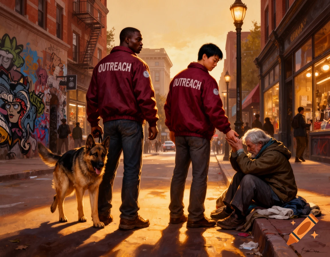 Two outreach workers, one with a German Shepherd, helping a homeless person on a city street at sunset, painted in the style of Frank Frazetta.