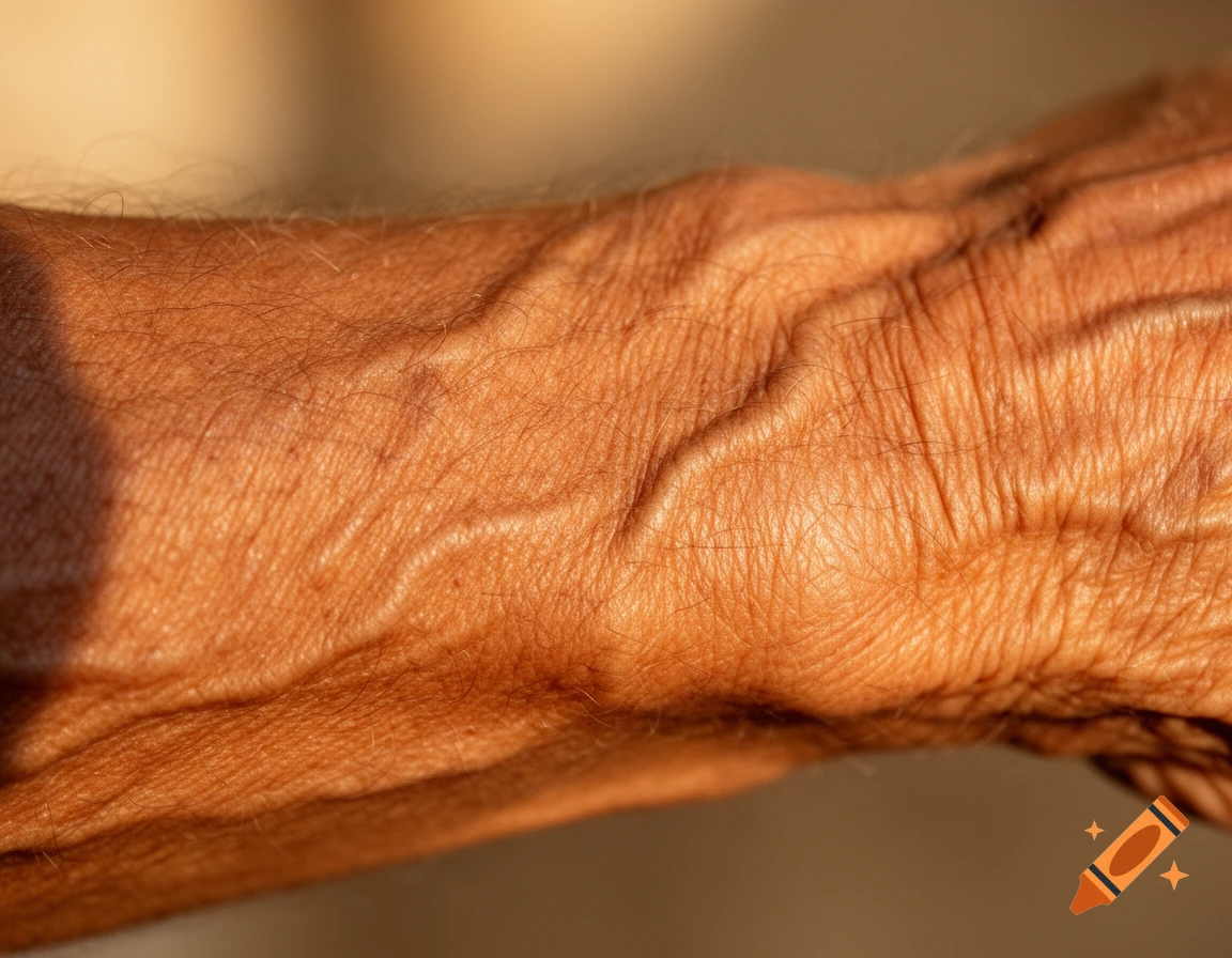 Close-up, high-detail shot of sunlit human skin with visible veins and fine hair.