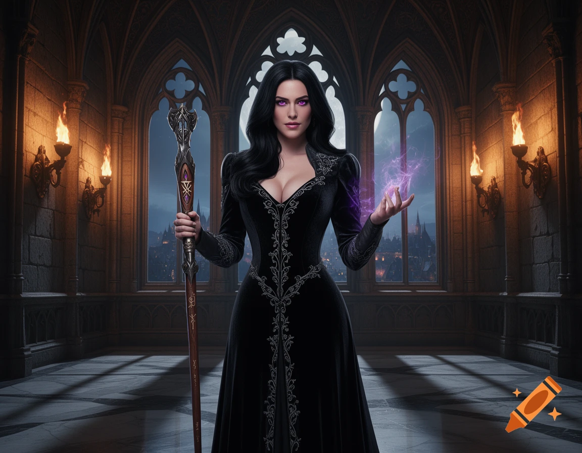 A powerful sorceress in a black gown holds a staff and conjures purple magic in a gothic hall with torches and arched windows.