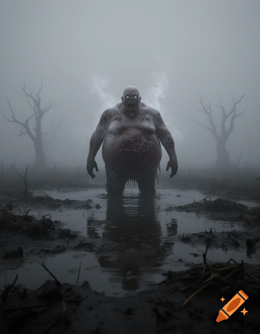 A grotesque, bloated humanoid zombie stands in a misty swamp with dead trees, in a dark, atmospheric horror style.