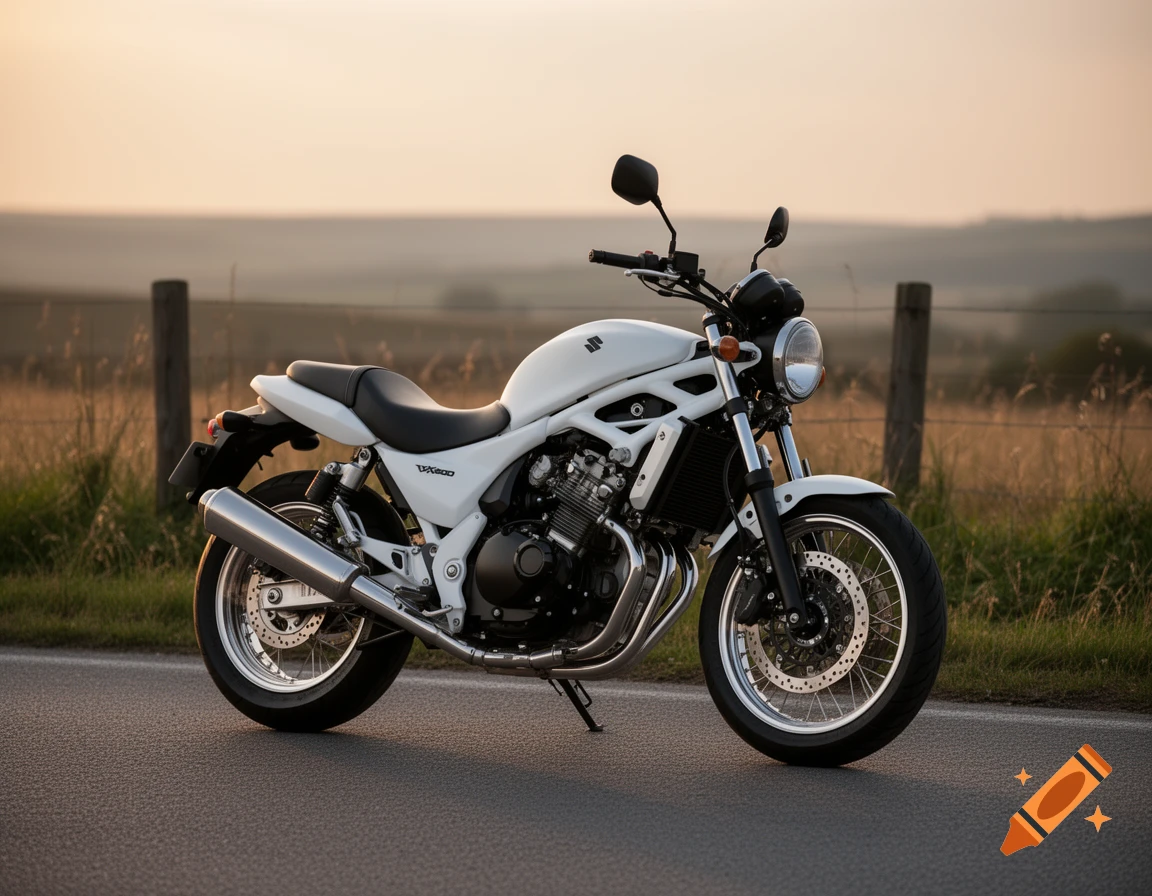 White Suzuki VX800 motorcycle parked on an asphalt road at sunset, with a golden field and fence in the background.