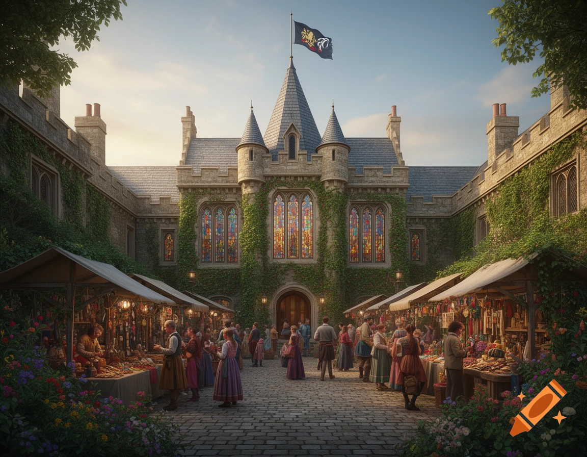 A bustling medieval market in the courtyard of a grand castle with stained glass windows and ivy-covered walls, under a sunny sky.