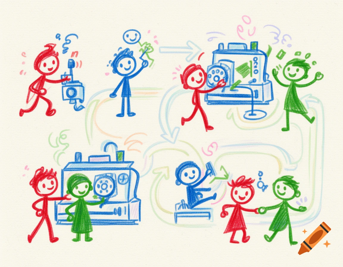 Crayon drawing of red, blue, and green stick figures collaborating on a machine zeroing workflow, with arrows showing the process.