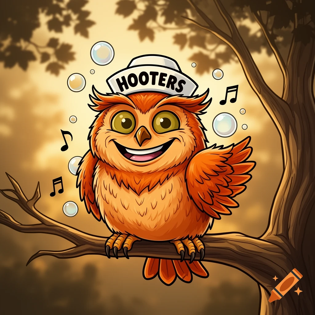 A smiling cartoon owl wearing a 'HOOTERS' sailor hat, perched on a tree branch with bubbles and musical notes.