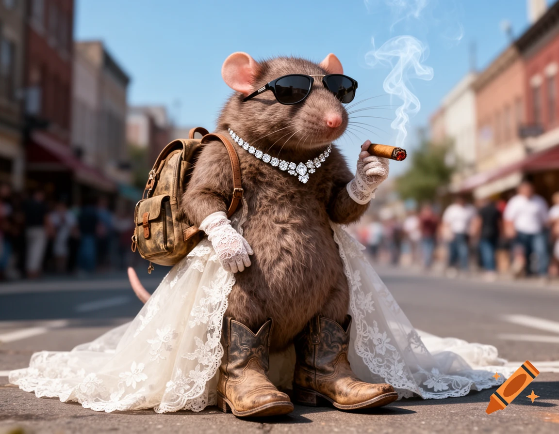 A cool, photorealistic rat in a wedding dress, cowboy boots, sunglasses, and diamond necklace, smoking a cigar on a city street.