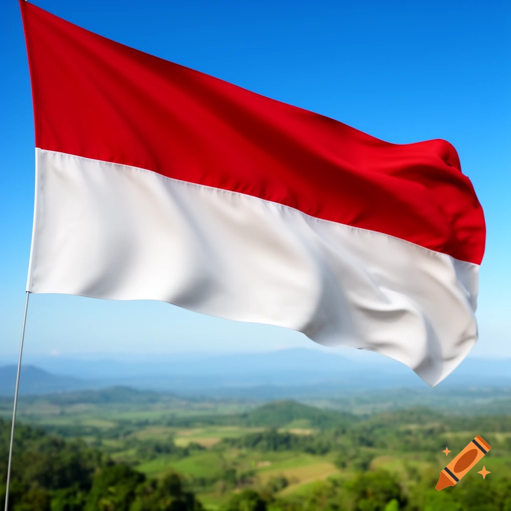 The flag of Indonesia, red and white, waves against a clear blue sky above a green, mountainous landscape.