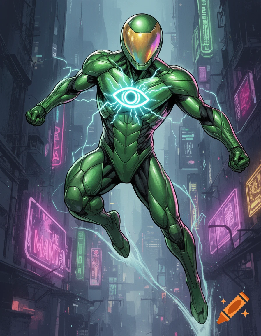 A green futuristic superhero with a glowing eye emblem and golden visor flies through a cyberpunk city with neon signs.