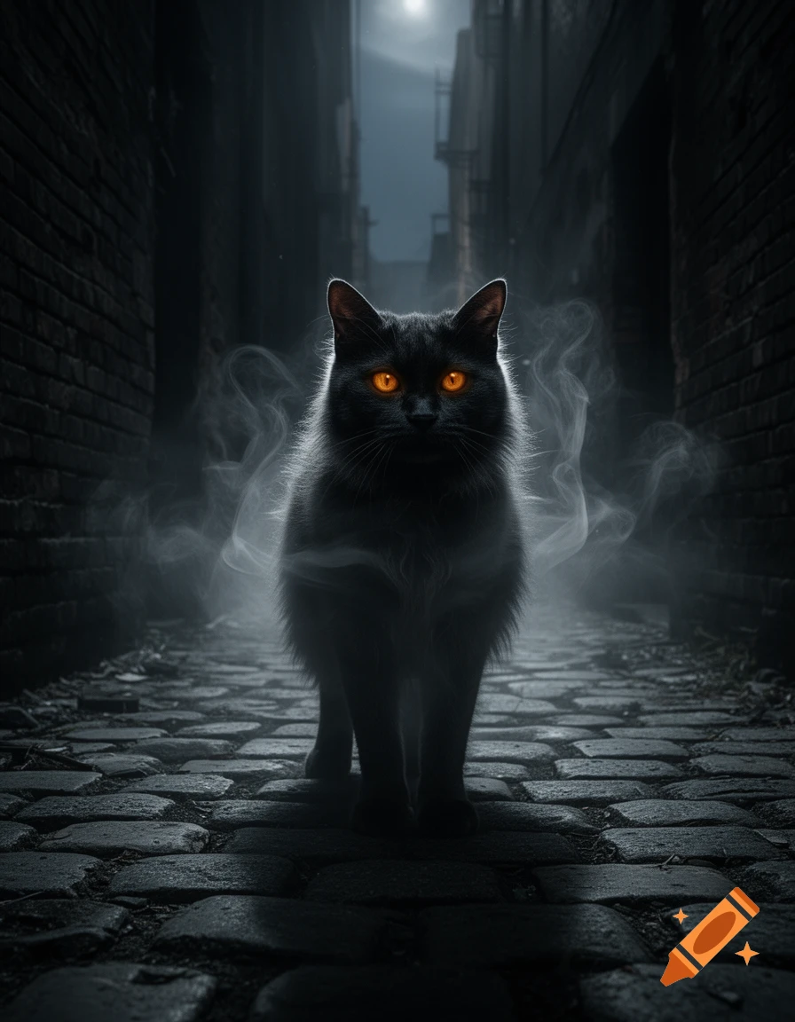 A black cat with glowing orange eyes stands in a dark, misty cobblestone alley at night under a full moon.
