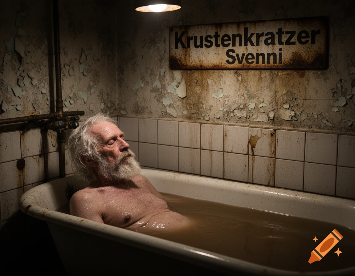 An old man with a long white beard lies in a bathtub filled with dirty water in a dilapidated, grungy bathroom with peeling paint and a rusty sign above.