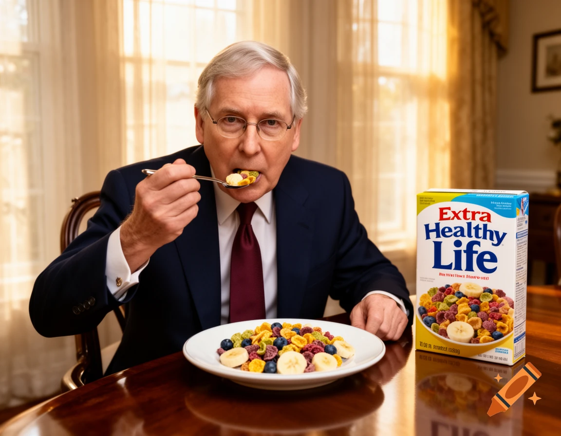 Mitch McConnell eating colorful cereal from a bowl, with a box of Extra Healthy Life cereal on a polished wooden table.