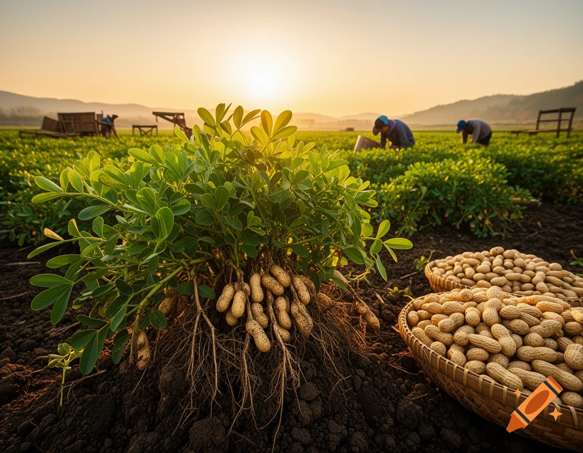 Close-up of a peanut plant with roots and pods, harvested peanuts in baskets, workers in a rural farm at golden hour.