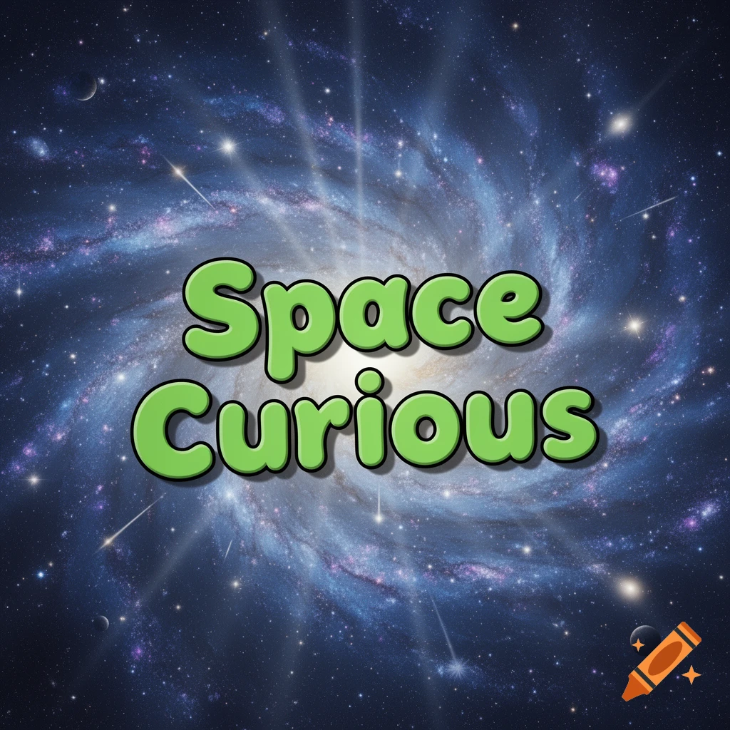 A vibrant spiral galaxy filled with stars and planets, featuring the words "Space Curious" in prominent green bubble letters.