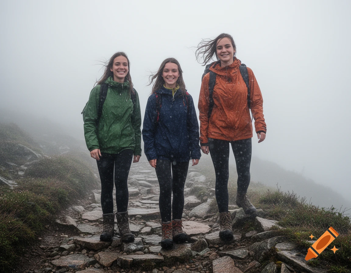 Three young women in rain jackets and backpacks smile while hiking on a rocky mountain path in misty, rainy weather.
