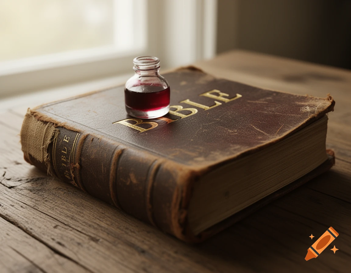 A small bottle of red liquid sits on an old, worn Holy Bible with gold lettering on a wooden table, near a window.