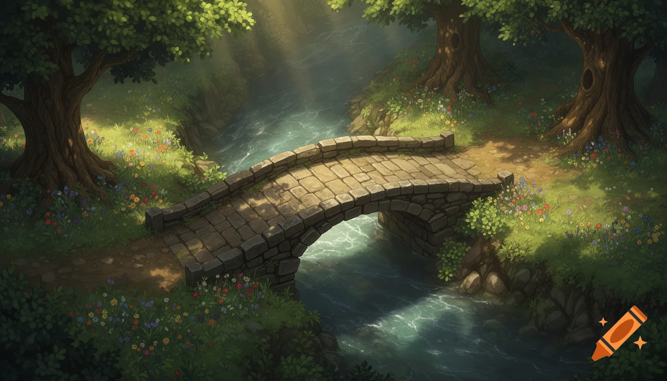 A stylized stone bridge arches over a winding river in a lush, sun-dappled forest, rendered in a painterly RPG map style.