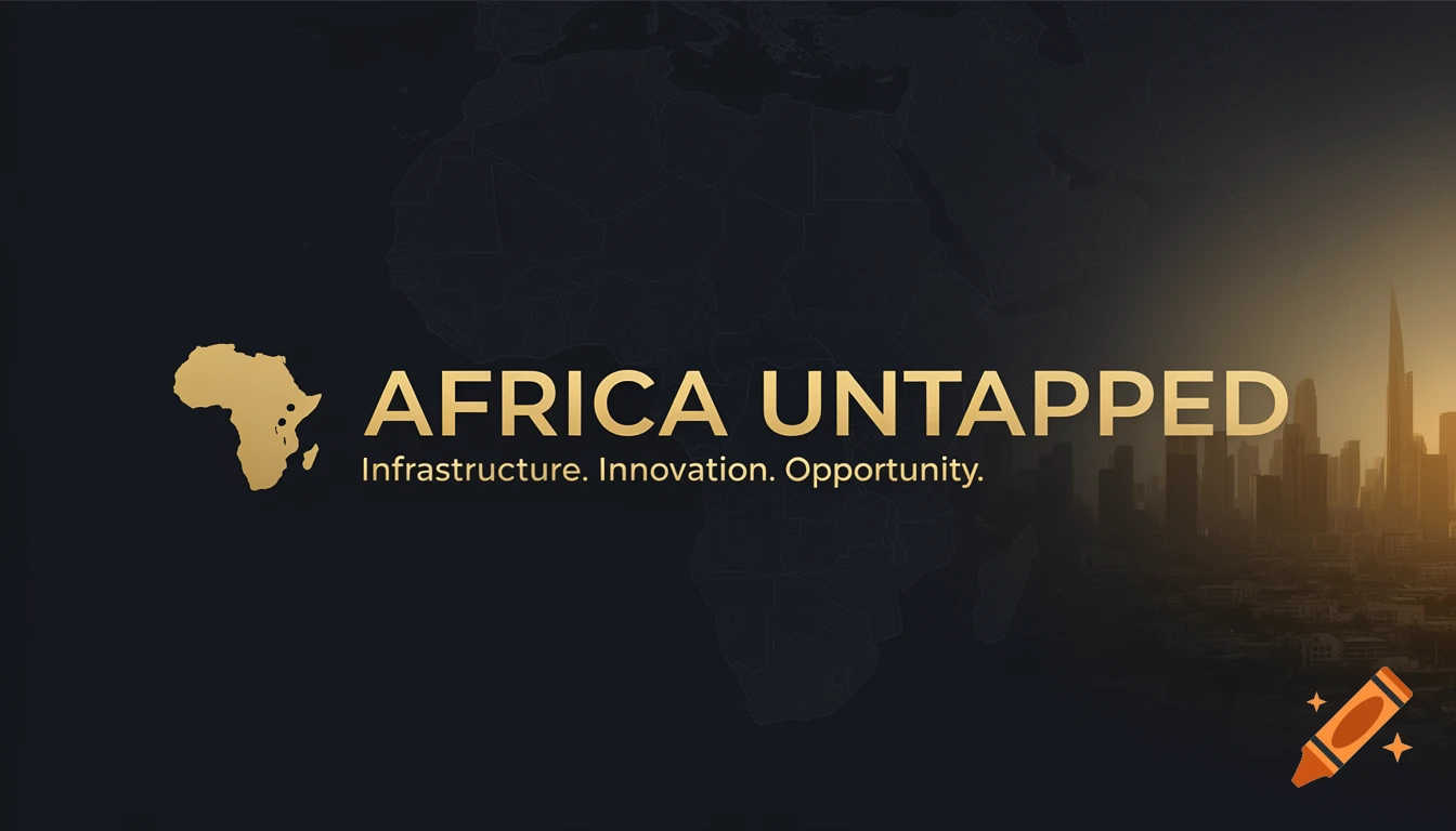 A YouTube banner for "Africa Untapped" with a golden African continent icon, bold gold text, and a golden-hour city skyline silhouette on a dark, subtle world map background.
