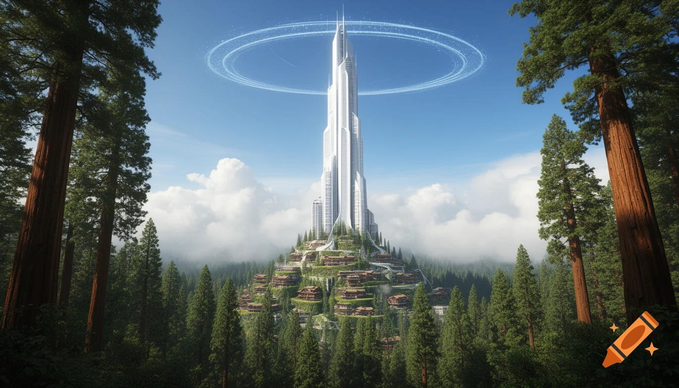 A colossal white futuristic tower with terraced eco-villages, surrounded by giant redwood trees under a blue sky and glowing ring.