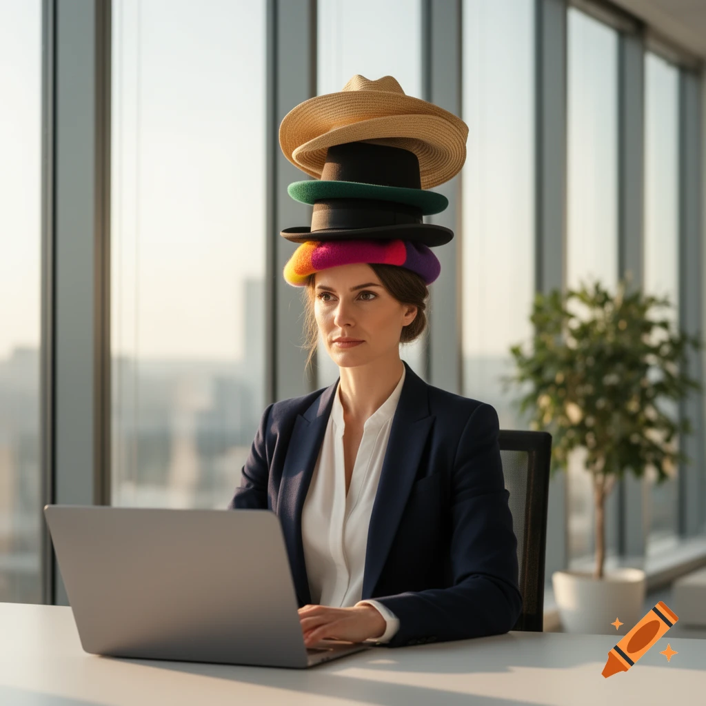 A woman in a suit works on a laptop in an office, balancing multiple hats on her head.
