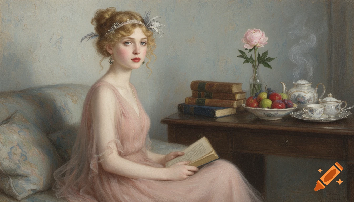 Impressionist painting of a young woman in a pink dress, reading a book on a sofa, with a tea set and fruit on a nearby table.