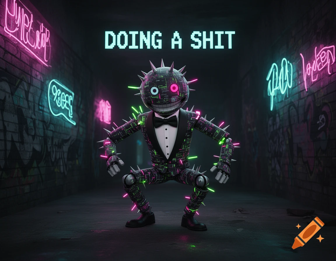 A glitchy, spike-covered character in a tuxedo squats in a neon-lit, graffiti-covered alley, with "DOING A SHIT" in pixelated neon text.