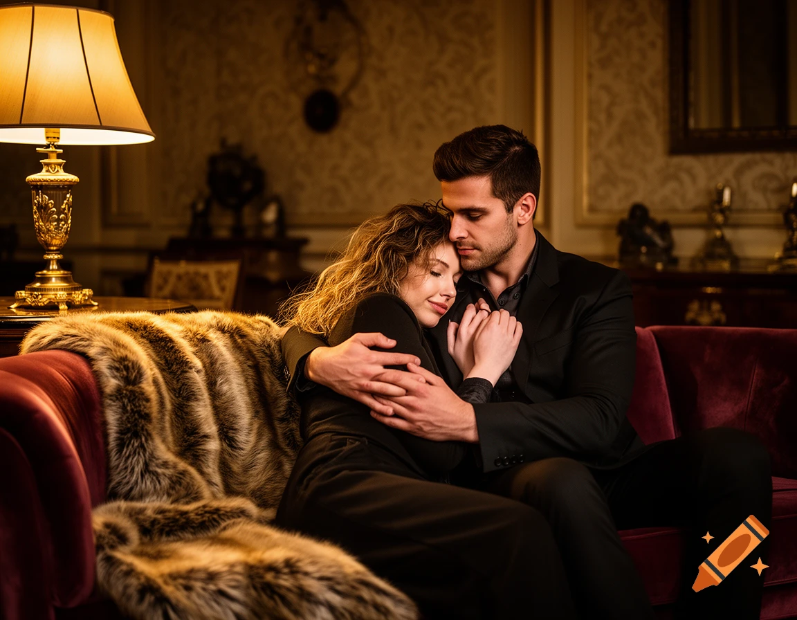 A man embraces a woman on a red velvet couch with a fur throw, in a dimly lit luxurious room, photorealistic.