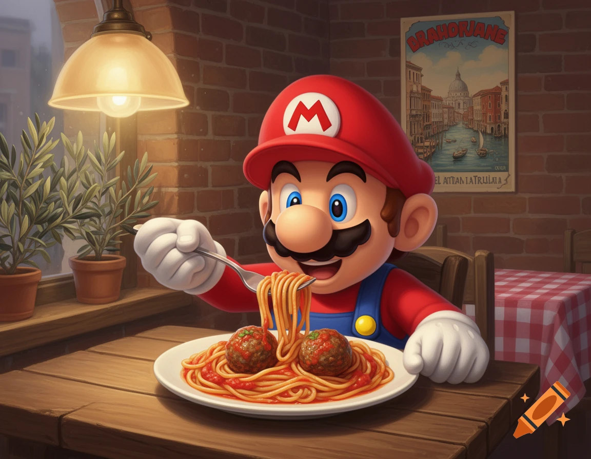 Mario, a cartoon character, happily eats a plate of spaghetti and meatballs at a table in an Italian restaurant.