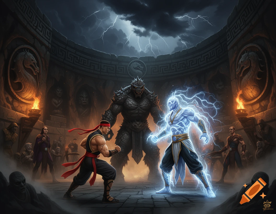 Dynamic fantasy art of a martial artist facing a large monster and an electrified warrior in a temple during a lightning storm.