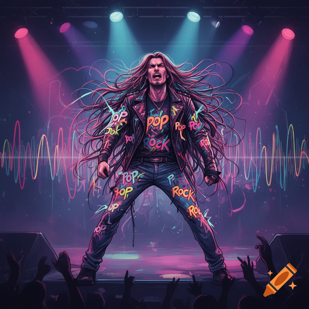 A long-haired rock musician in a leather jacket and jeans, both covered with neon 'POP' and 'ROCK' text, on a brightly lit stage.