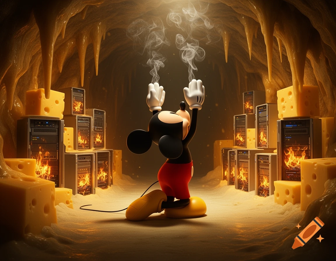 Mickey Mouse on his knees, hands raised in a glowing cheese cave filled with smoking computer servers.