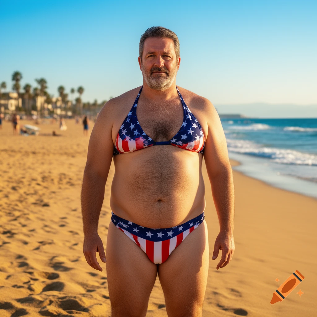 A man with a beard and a dad bod wearing an American flag bikini stands on a sunny beach.