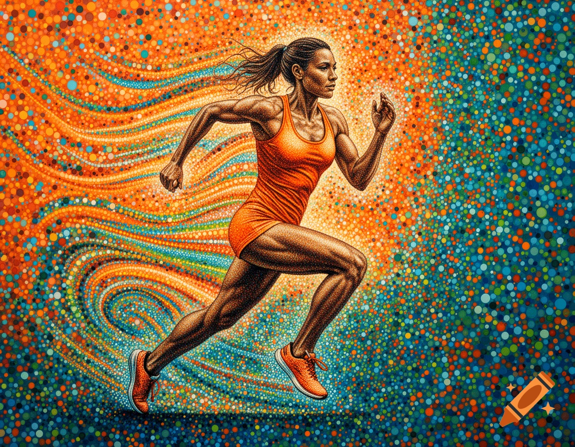 A dynamic female runner in orange, rendered in a vibrant pointillism style with an abstract, colorful dotted background.