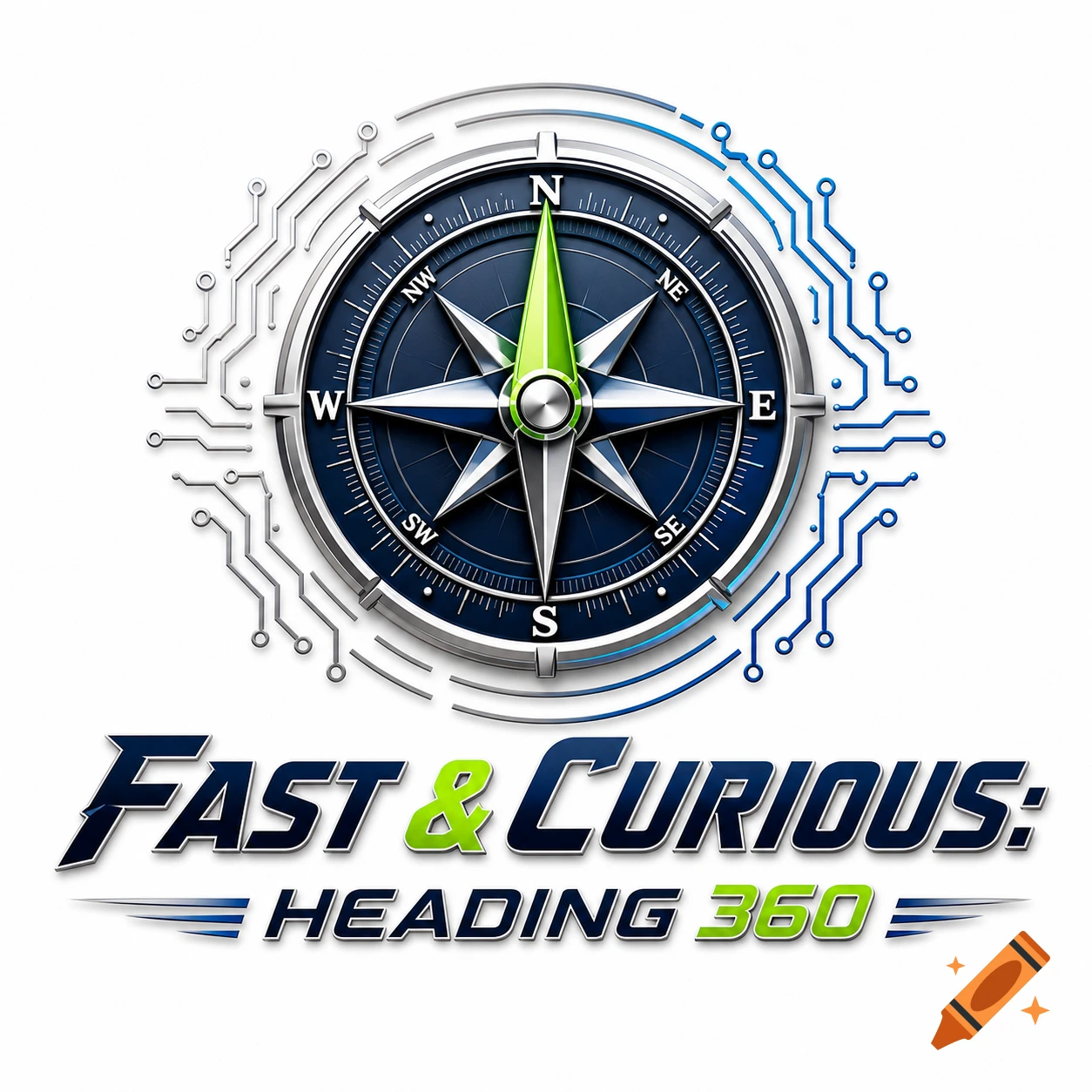A 3D logo of a compass with a green needle and circuit lines, above the text 'FAST & CURIOUS: HEADING 360'.