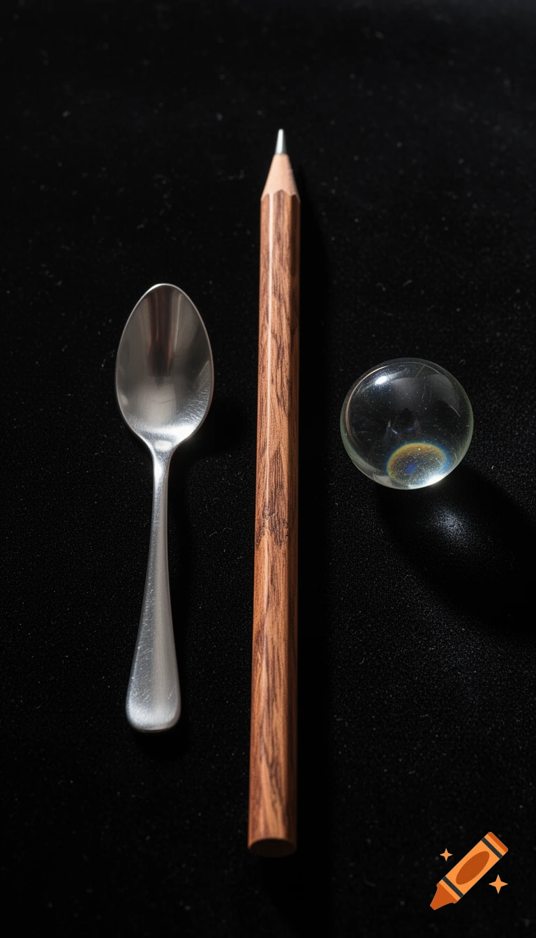 A silver spoon, a wooden pencil, and a clear glass orb arranged vertically on a dark, textured background.