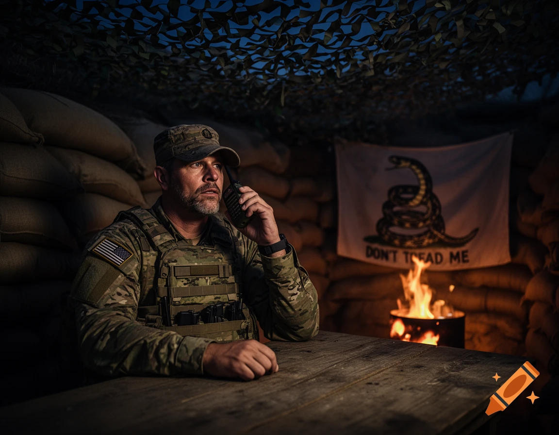 A man in camouflage fatigues and a cap talks on a radio inside a sandbag trench, with a Gadsden flag and barrel fire behind him at night.