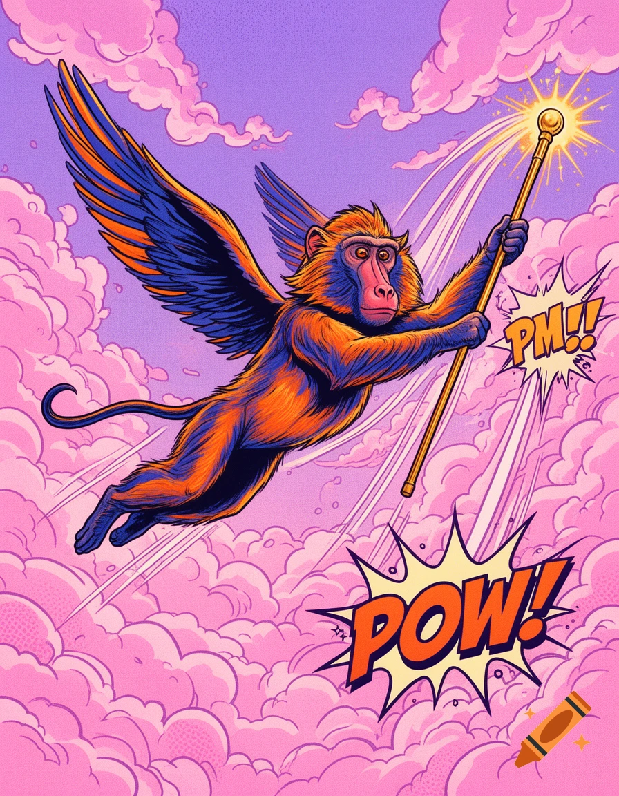A vibrant comic-style flying baboon with blue and orange wings holds a glowing staff, soaring through pink clouds and a purple sky.