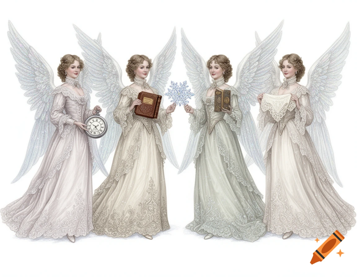 Four Victorian snow angels with large white wings, holding various objects like a clock, books, a snowflake, and a piece of lace, on a white background in an illustrative style.