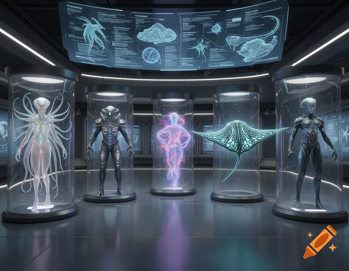 Several alien species, including humanoids and a manta-ray like creature, displayed in clear tubes within a futuristic laboratory.
