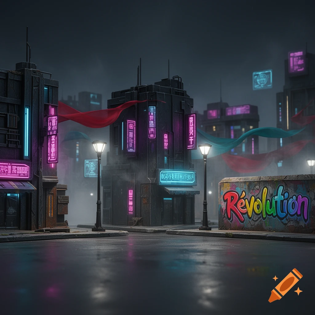 A dark, rainy cyberpunk cityscape featuring buildings with vibrant neon signs in purple and blue, and a wall with colorful graffiti spelling "Revolution."
