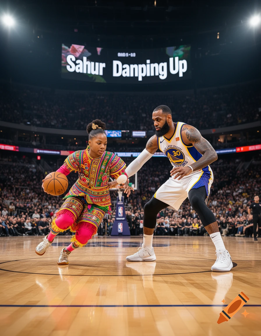 Photorealistic image of LeBron James playing basketball against a child in colorful traditional clothing on a court.