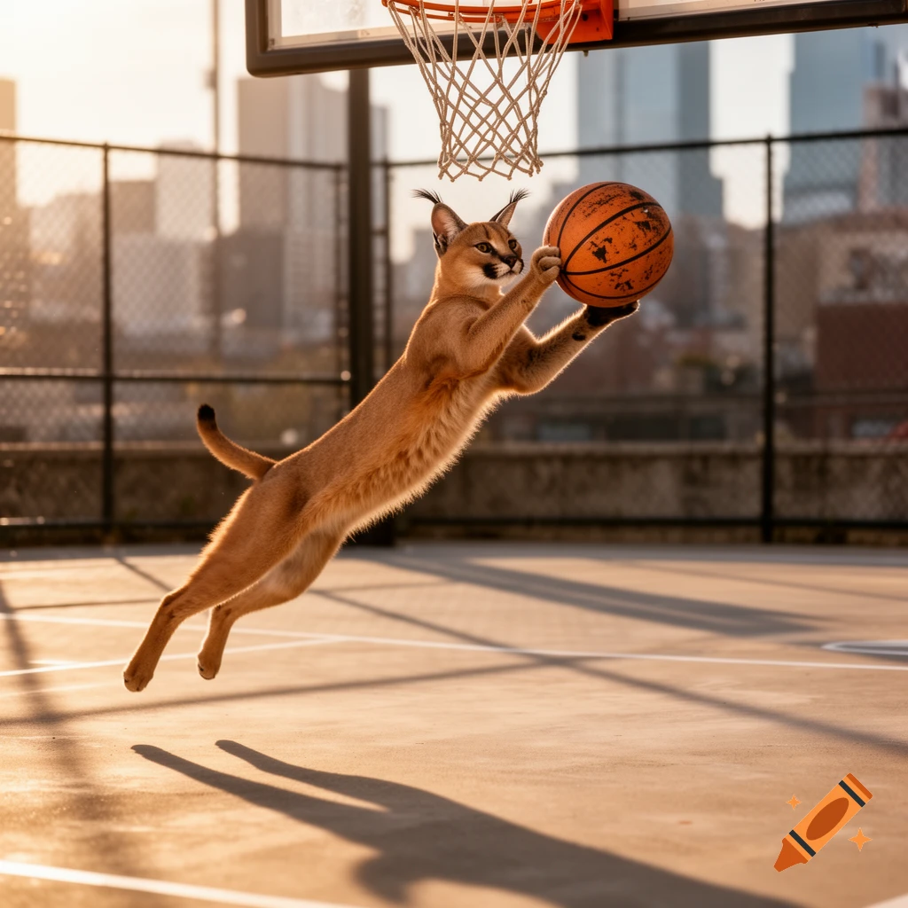 A caracal jumps to dunk a basketball on an outdoor court with city buildings in the background at sunset.