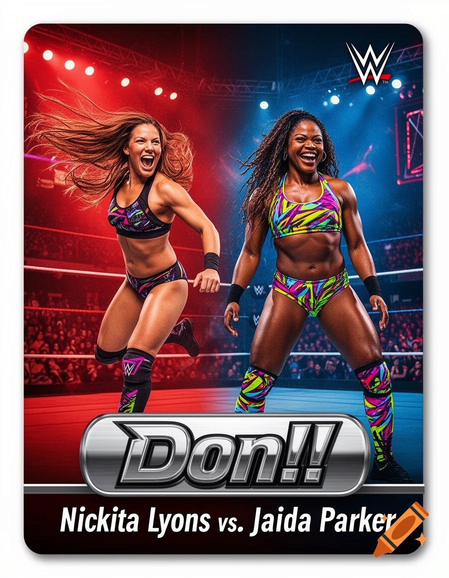 Two female wrestlers, Nickita Lyons and Jaida Parker, on a vibrant WWE event card with a 'Don!!' logo in a wrestling ring setting.