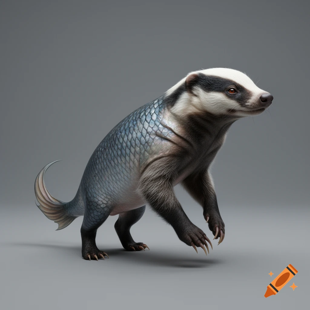 A photorealistic hybrid creature with the head and front legs of a badger and a scaly, fish-like body and tail, stands on a grey background.