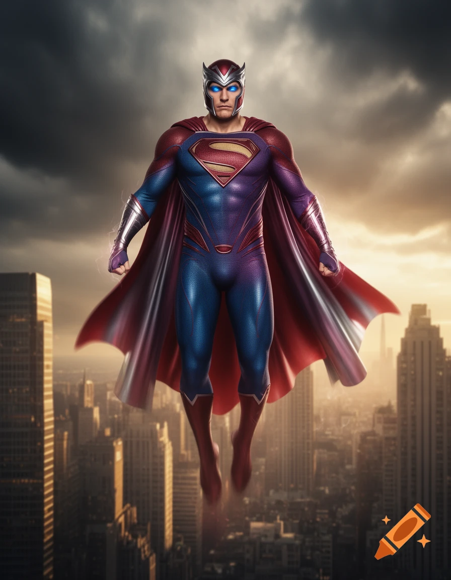 A superhero in a blue and red suit with a flowing cape and helmet, flying over a city at sunset.
