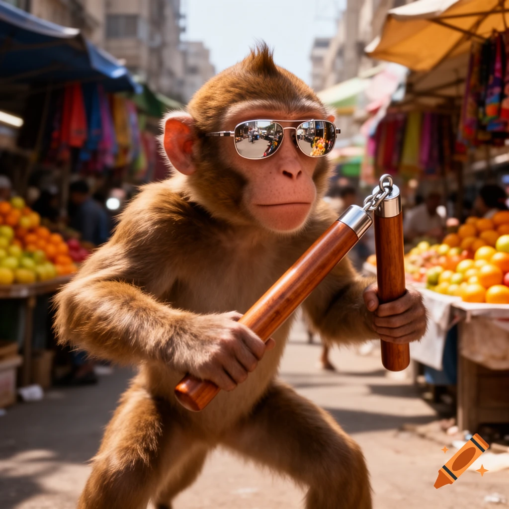 A photorealistic monkey wearing sunglasses holds nunchaku in a martial arts stance in a bustling outdoor market.